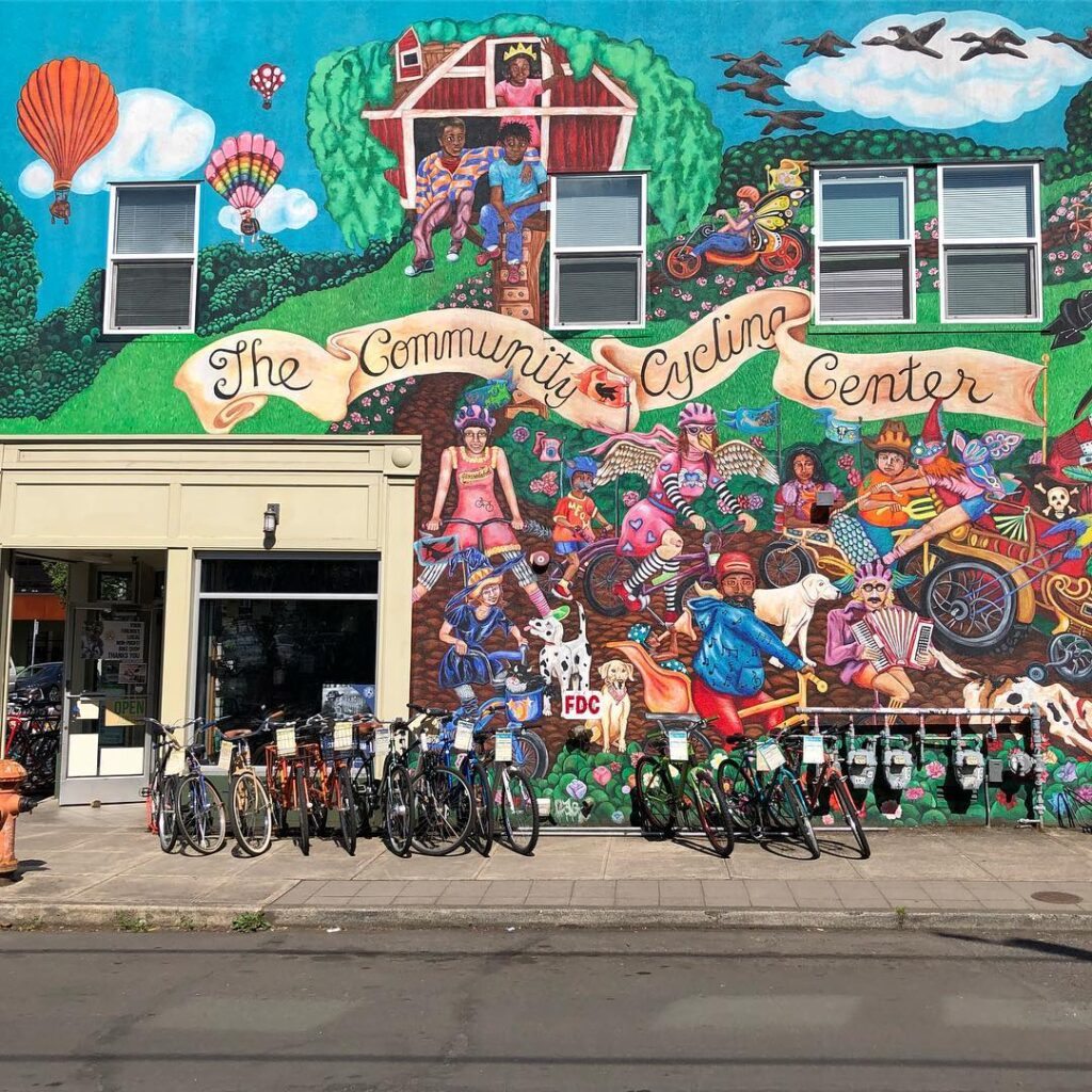 Colorful mural and street art in Portland’s Alberta Arts District on a sunny day