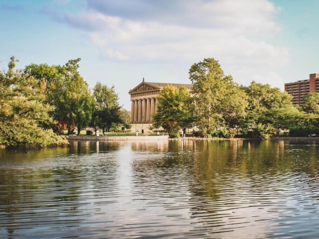Morning view of Centennial Park with the Parthenon and open green space