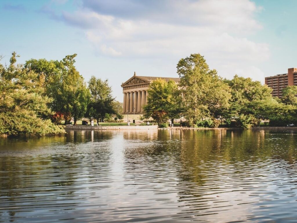 Full-scale Parthenon replica surrounded by green space in Centennial Park