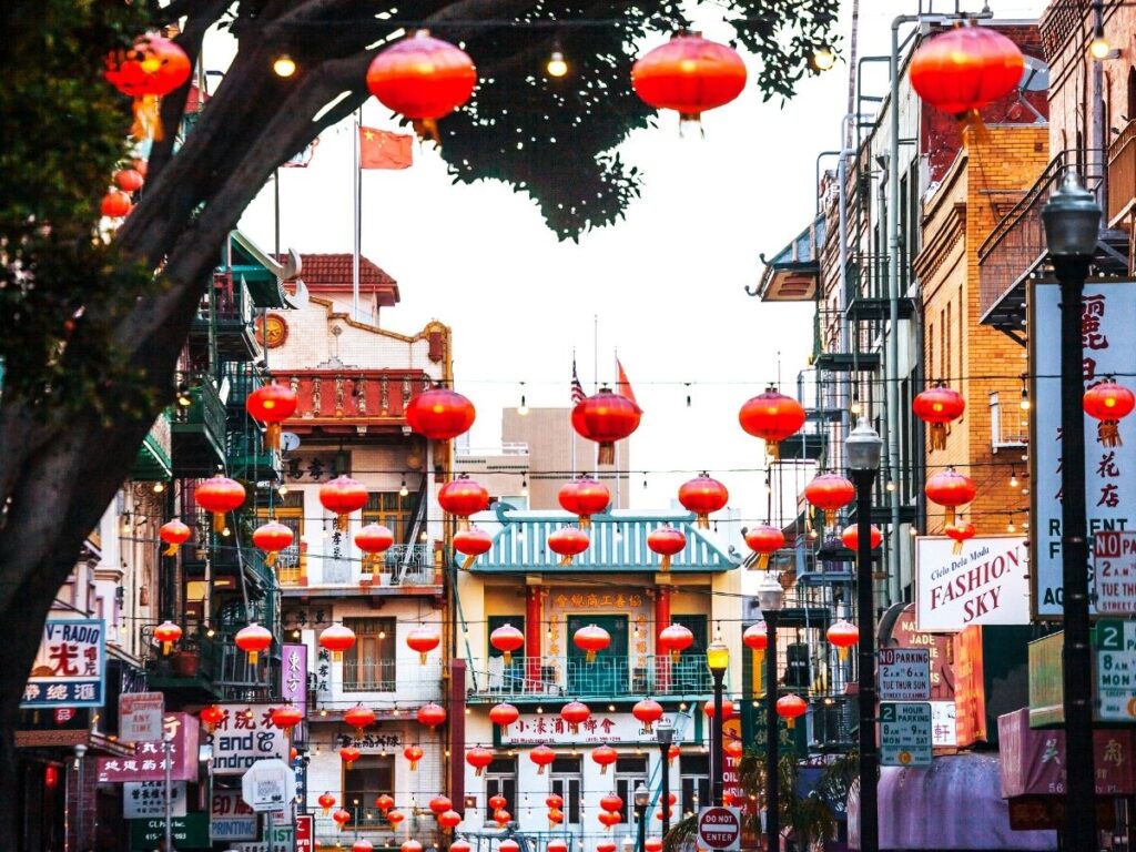 Bright red lanterns hanging above Chinatown’s main street