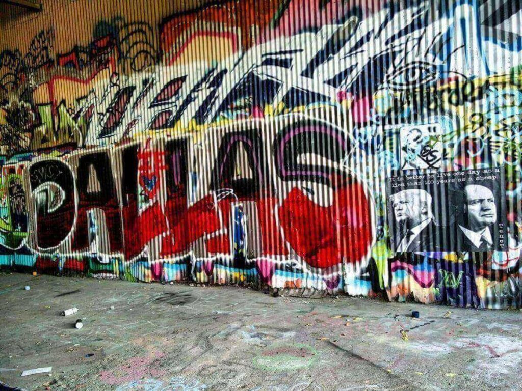 Colorful street art mural in Deep Ellum, Dallas.