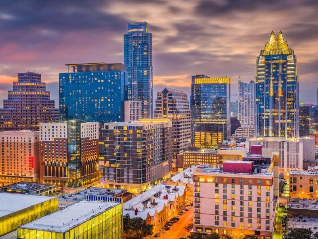 View from a downtown Austin hotel overlooking the skyline and river