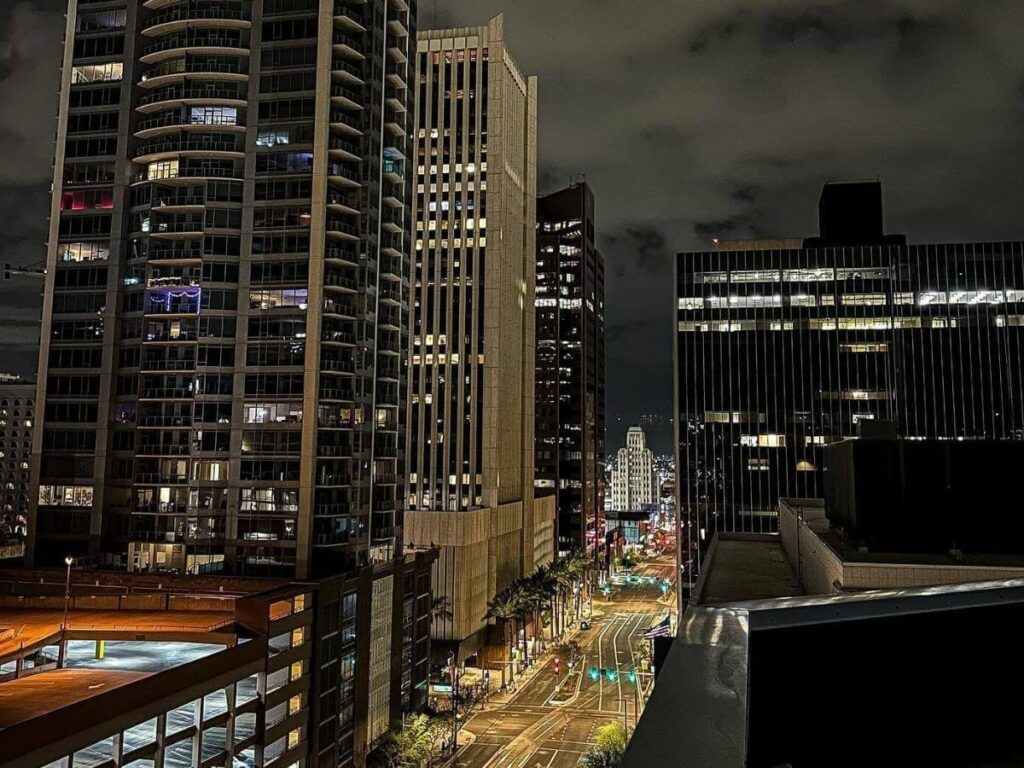 Downtown Phoenix in the evening with city lights and quiet streets