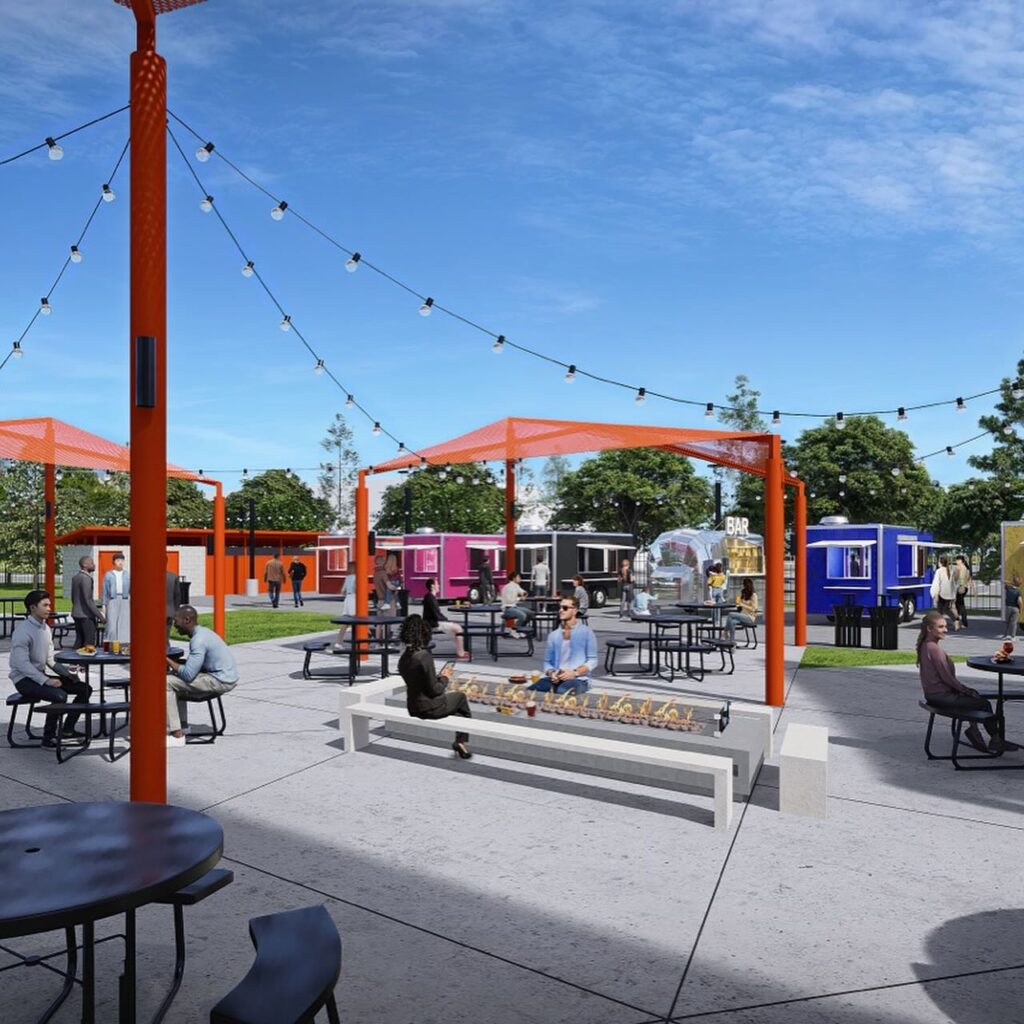 Colorful Portland food carts at Hawthorne Asylum with string lights and outdoor seating