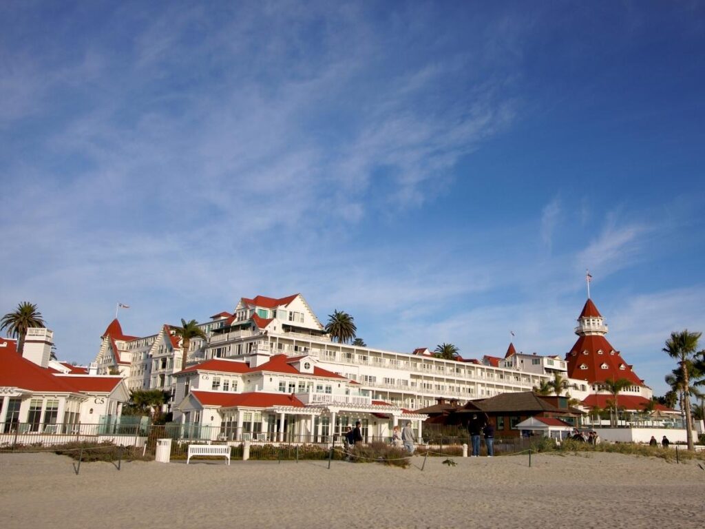 Iconic red-roofed Hotel del Coronado on the beachfront in San Diego.
