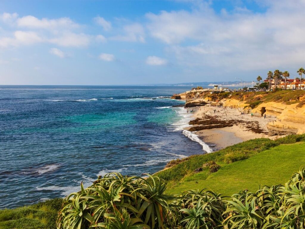 Wide sandy beach at La Jolla Shores in San Diego.