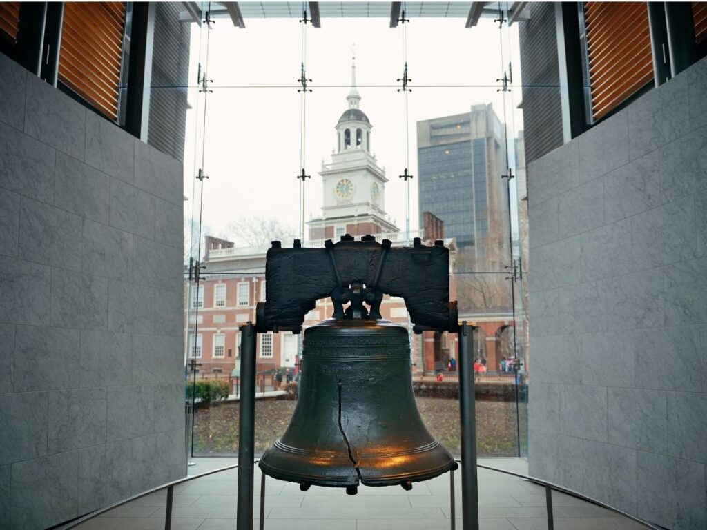 The cracked Liberty Bell displayed inside its glass pavilion