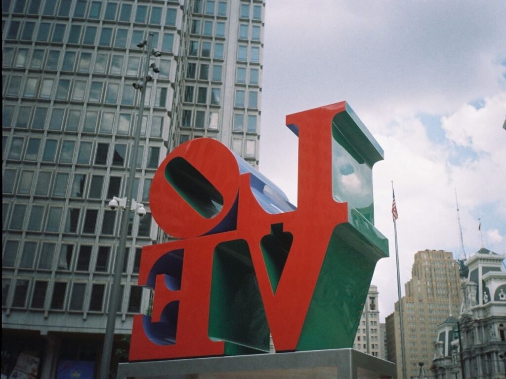 The red LOVE sculpture in front in LOVE Park