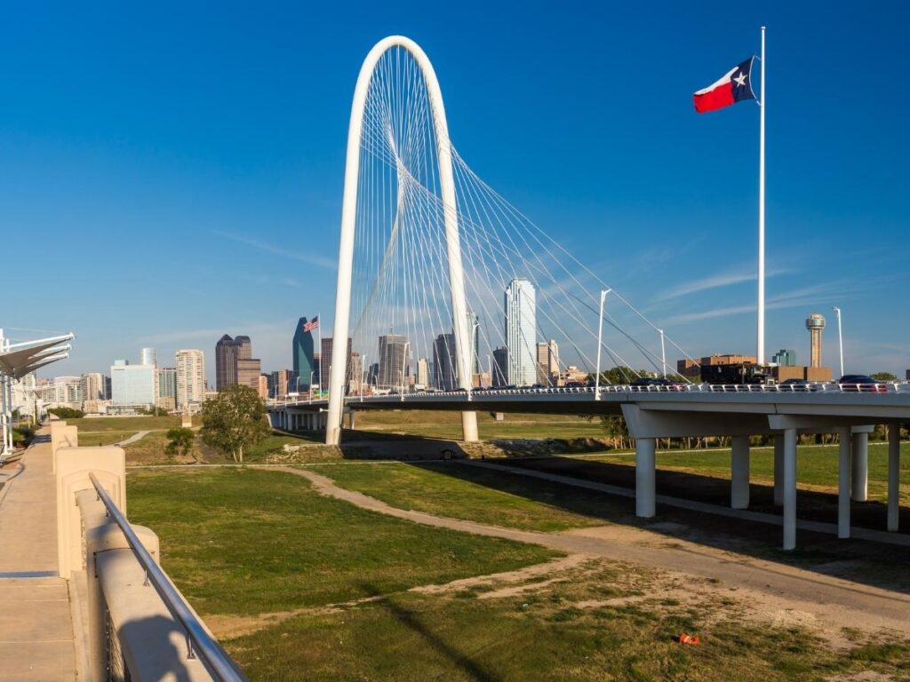Dallas skyline viewed from the Margaret Hunt Hill Bridge at sunset