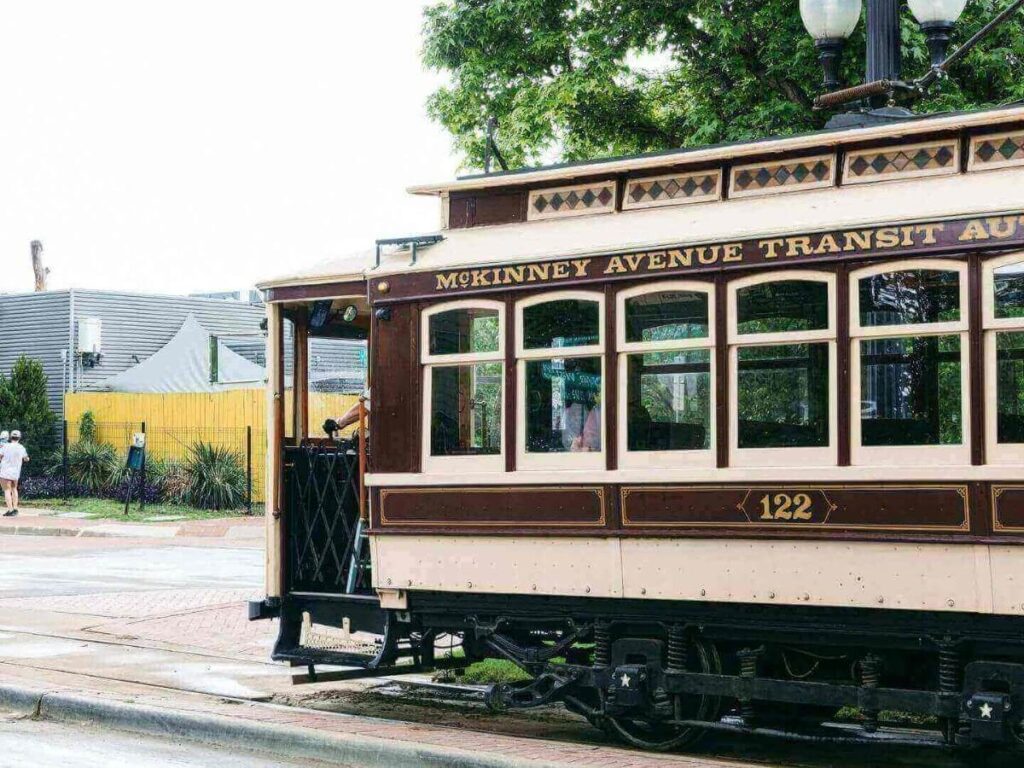 The vintage McKinney Avenue Trolley running through Uptown Dallas.