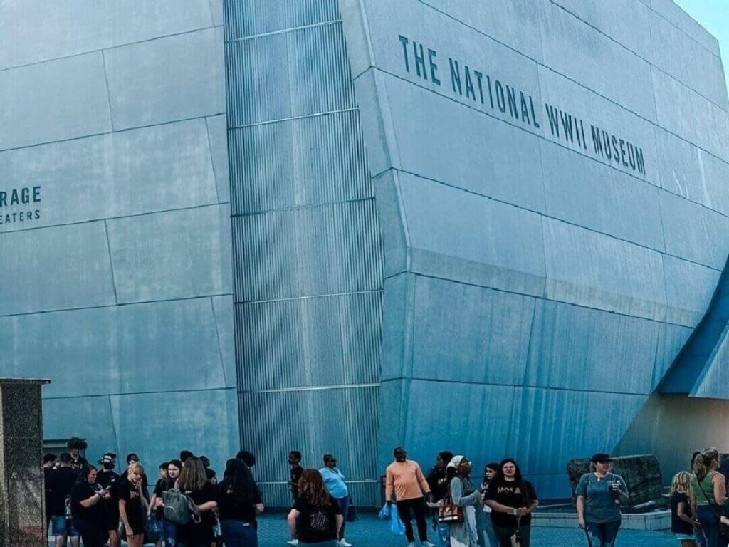 The exterior of the National WWII Museum in New Orleans on a clear day