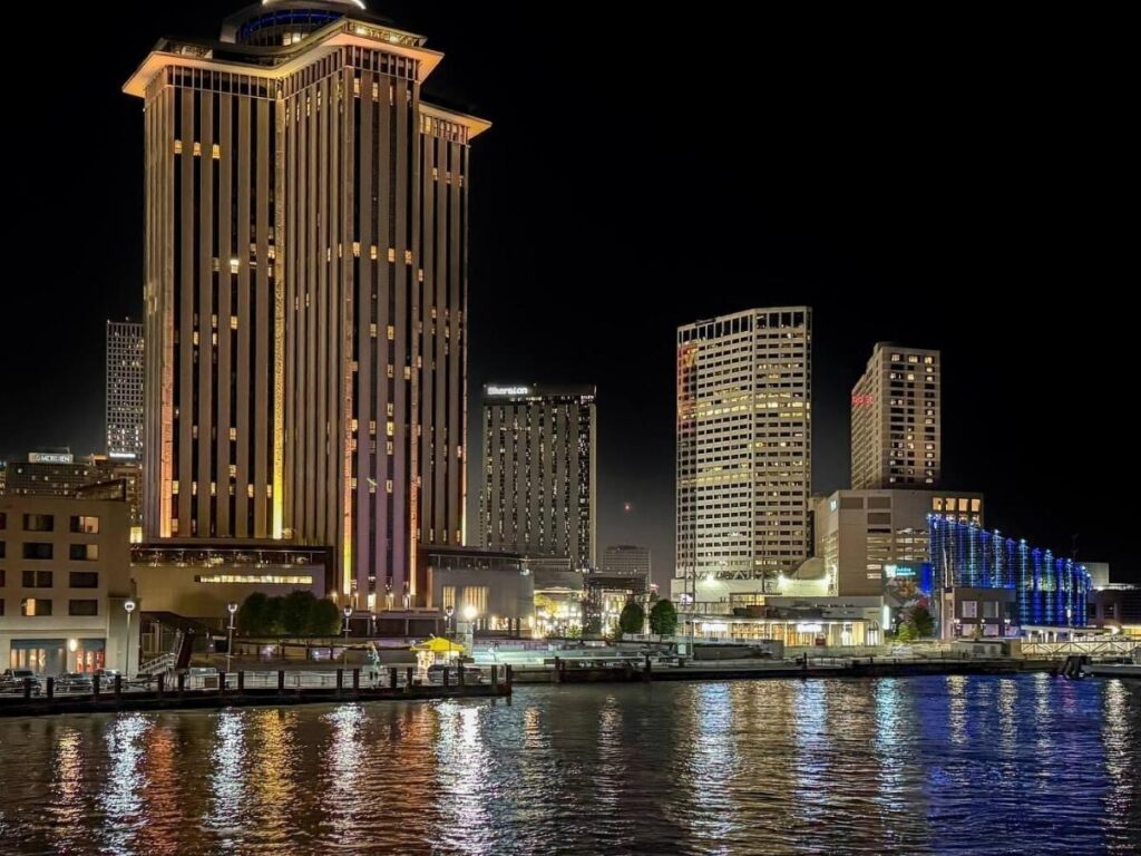 Soft evening light along the Mississippi River riverfront in New Orleans