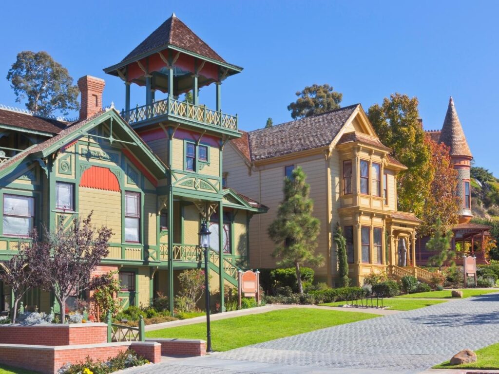 Colorful adobe buildings in Old Town San Diego.