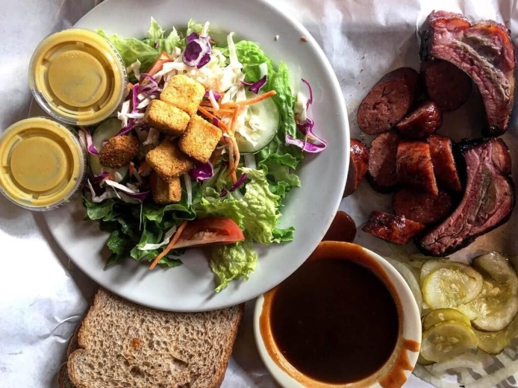 Brisket and ribs barbecue plate from Pecan Lodge in Deep Ellum.
