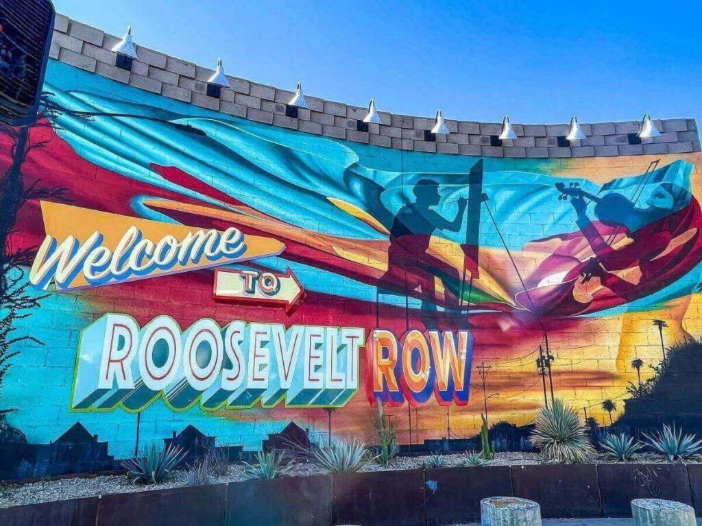 Relaxed evening walk through a Phoenix neighborhood with restaurants and street art