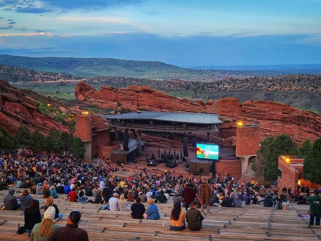 Sunrise over Red Rocks Amphitheatre with towering sandstone formations