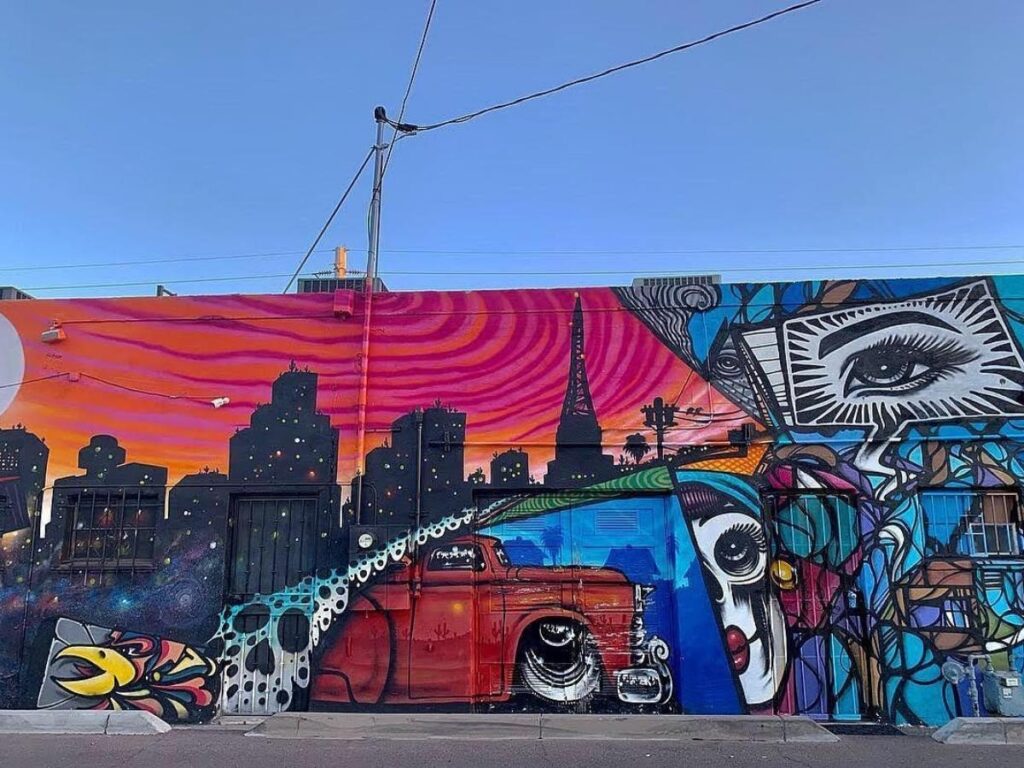 Murals and local cafés along Roosevelt Row Arts District in Phoenix