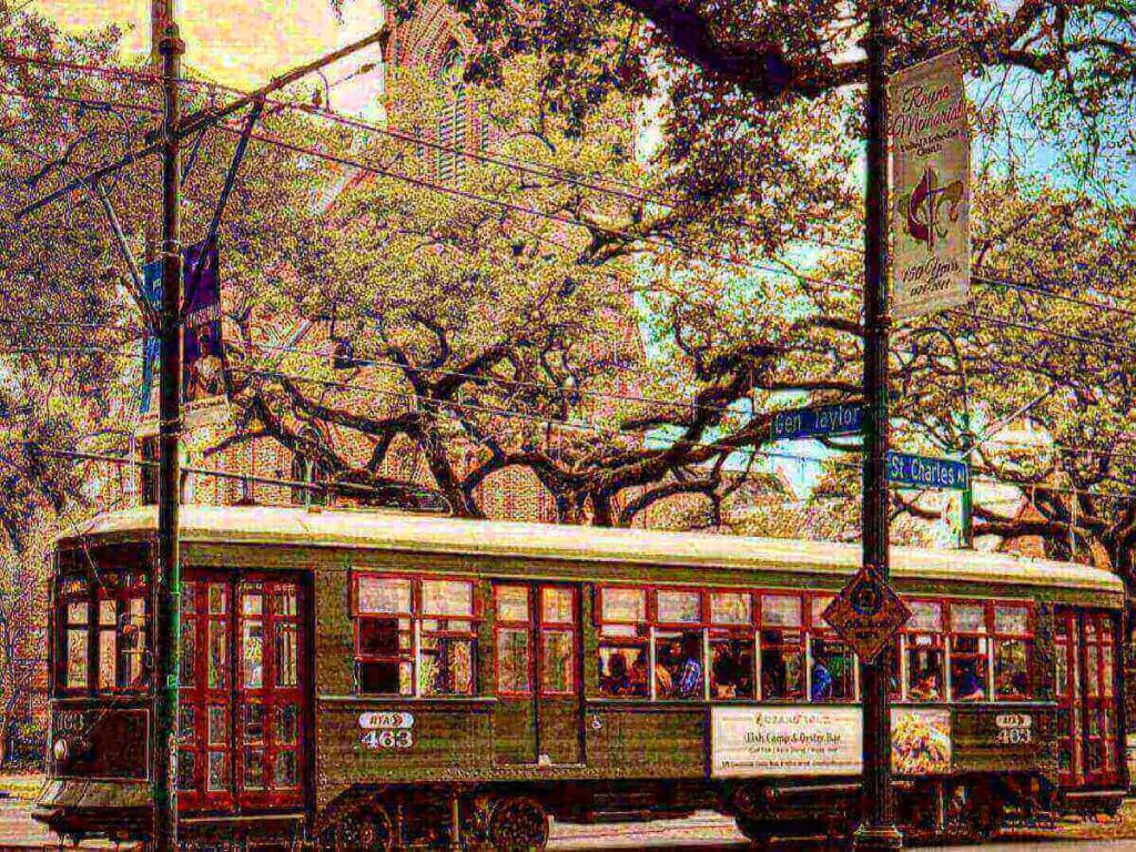 A green St. Charles streetcar passing under oak trees in New Orleans