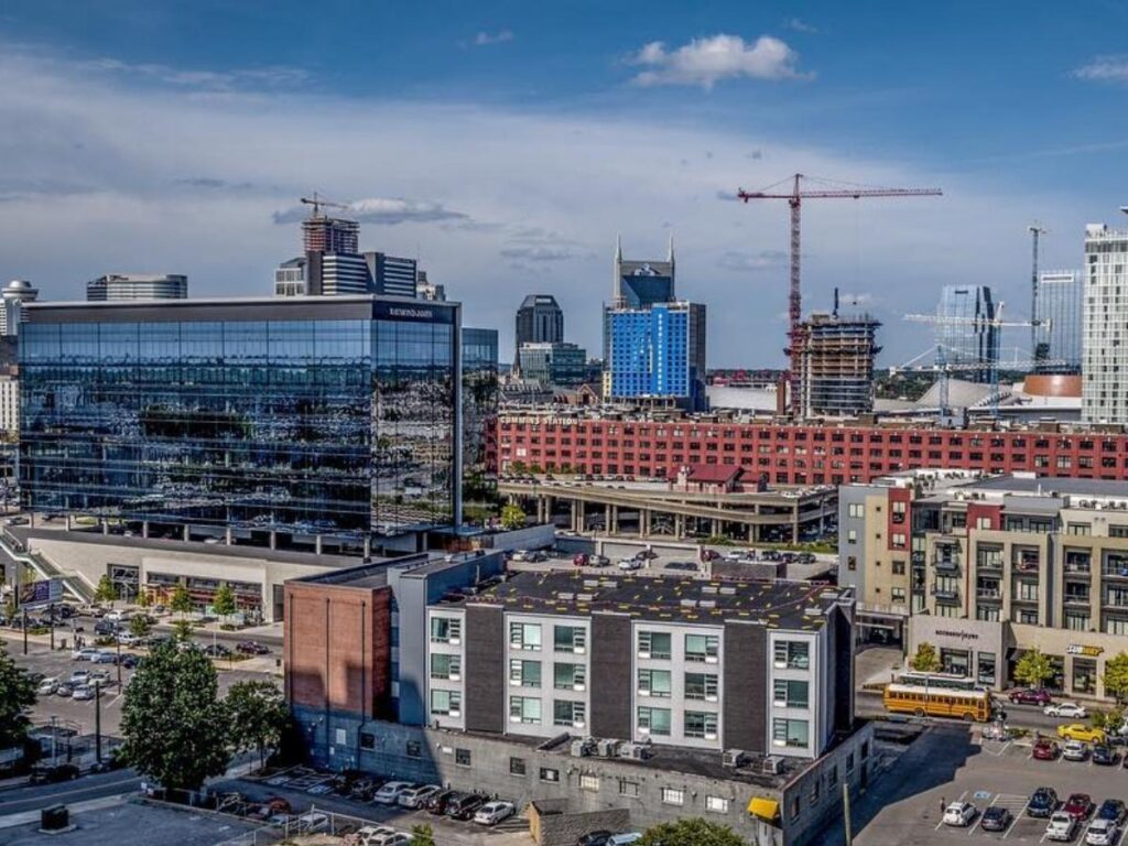 Modern buildings and walkable streets in The Gulch neighborhood of Nashville