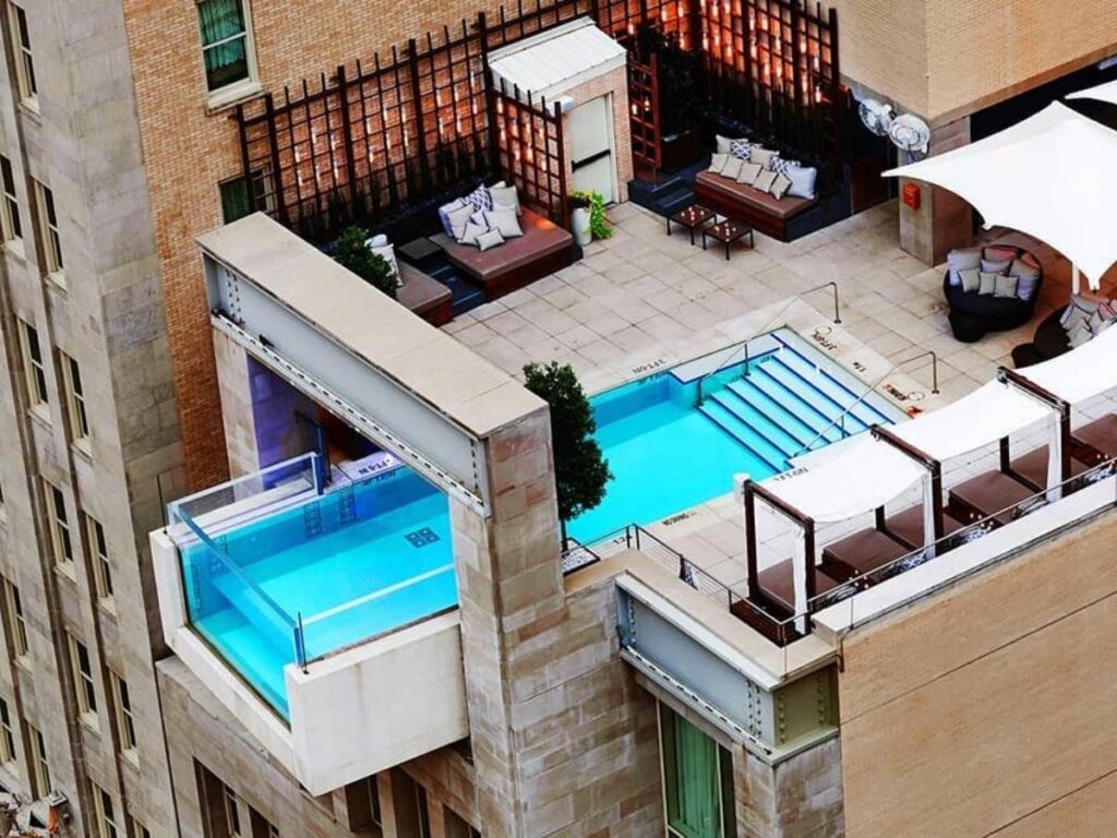 Rooftop pool and lounging area at The Joule Hotel in downtown Dallas.