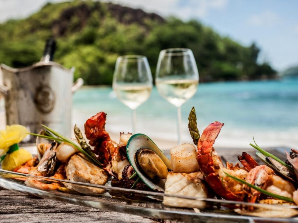 Seafood dish with a sunset view over the water on Block Island.