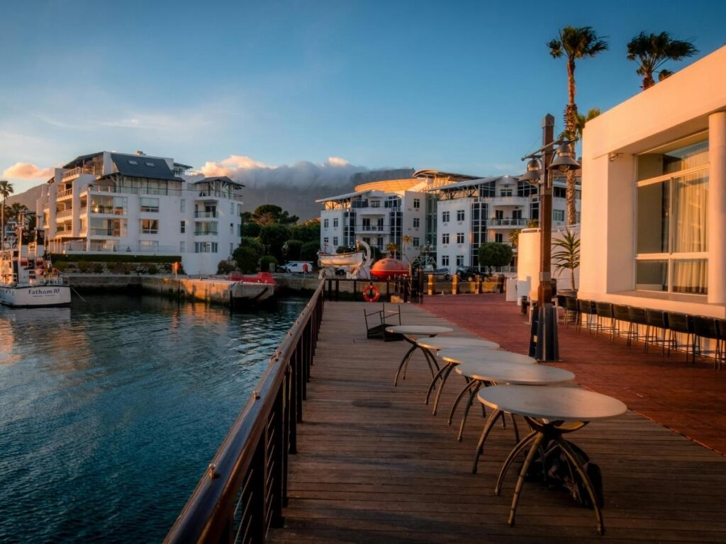 Outdoor dinner seating at Dead Eye Dicks overlooking the harbor