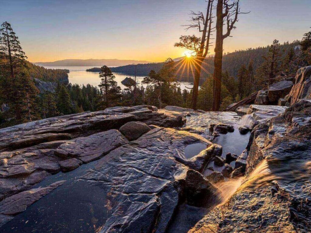 Eagle Falls waterfall along the trail to Eagle Lake in Lake Tahoe