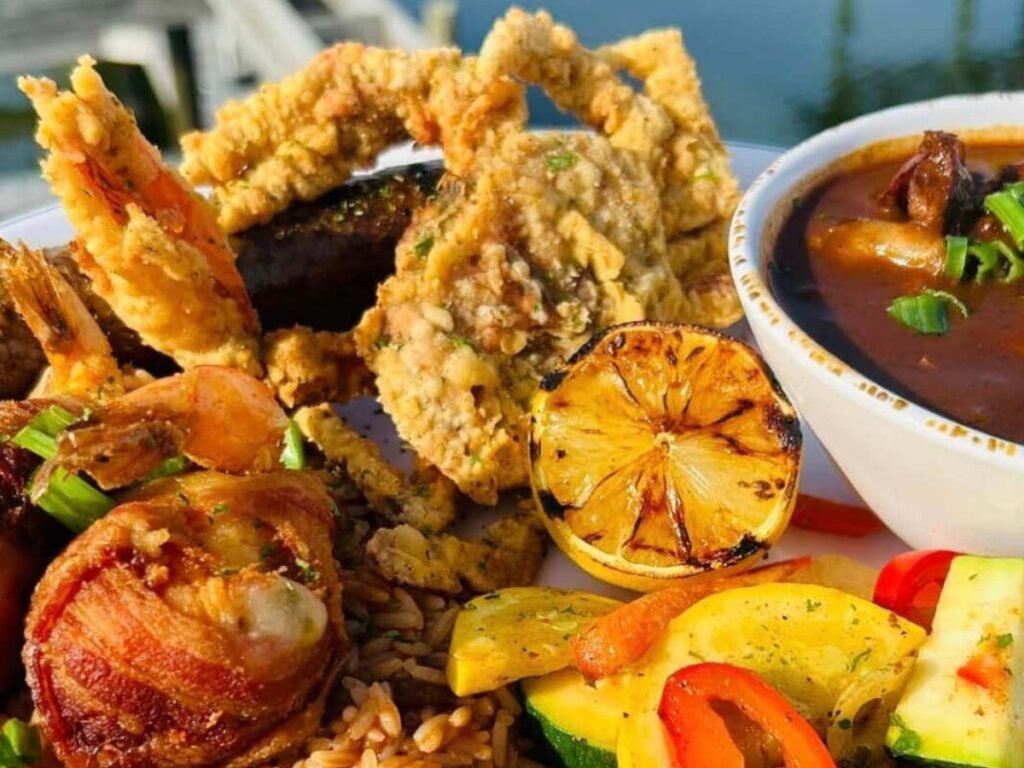 Fresh Gulf shrimp and fried seafood plate served at a casual coastal restaurant in Galveston