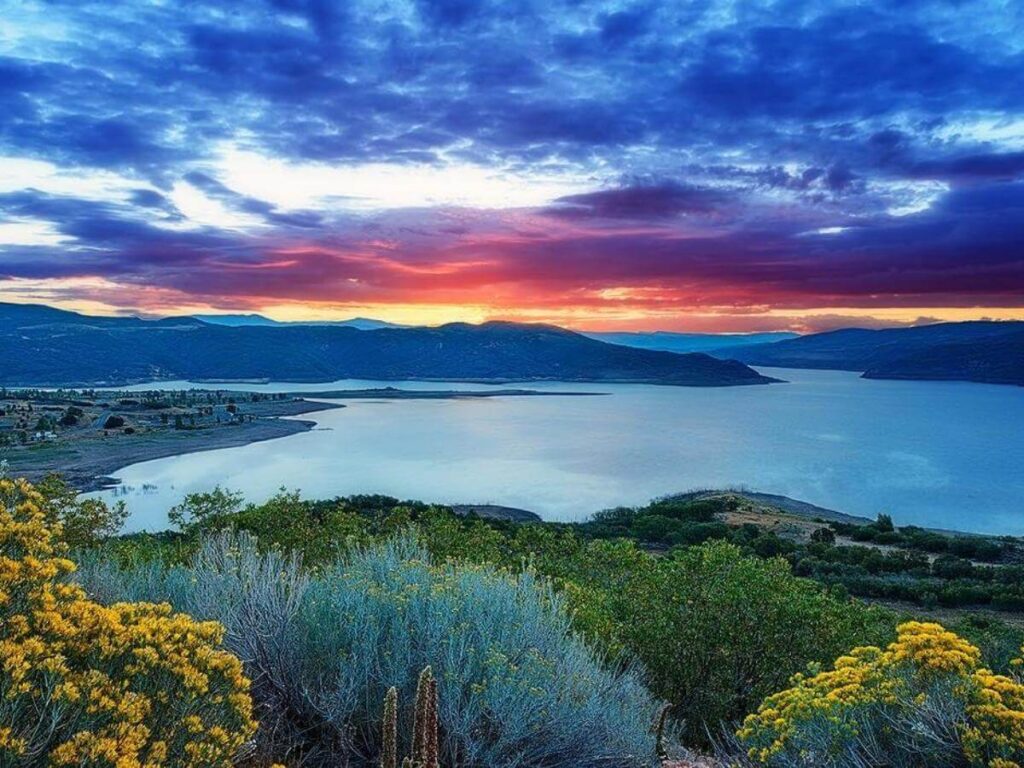 Jordanelle Reservoir near Park City with calm water and hills