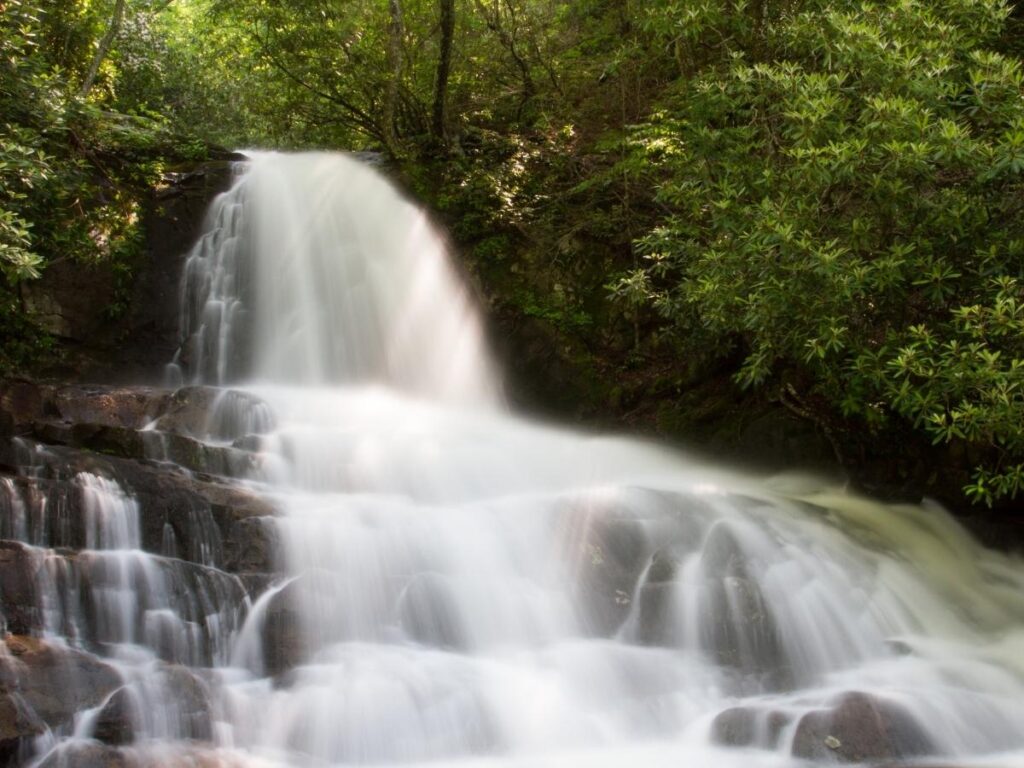 Laurel Falls waterfall reached by a paved hiking trail near Gatlinburg.
