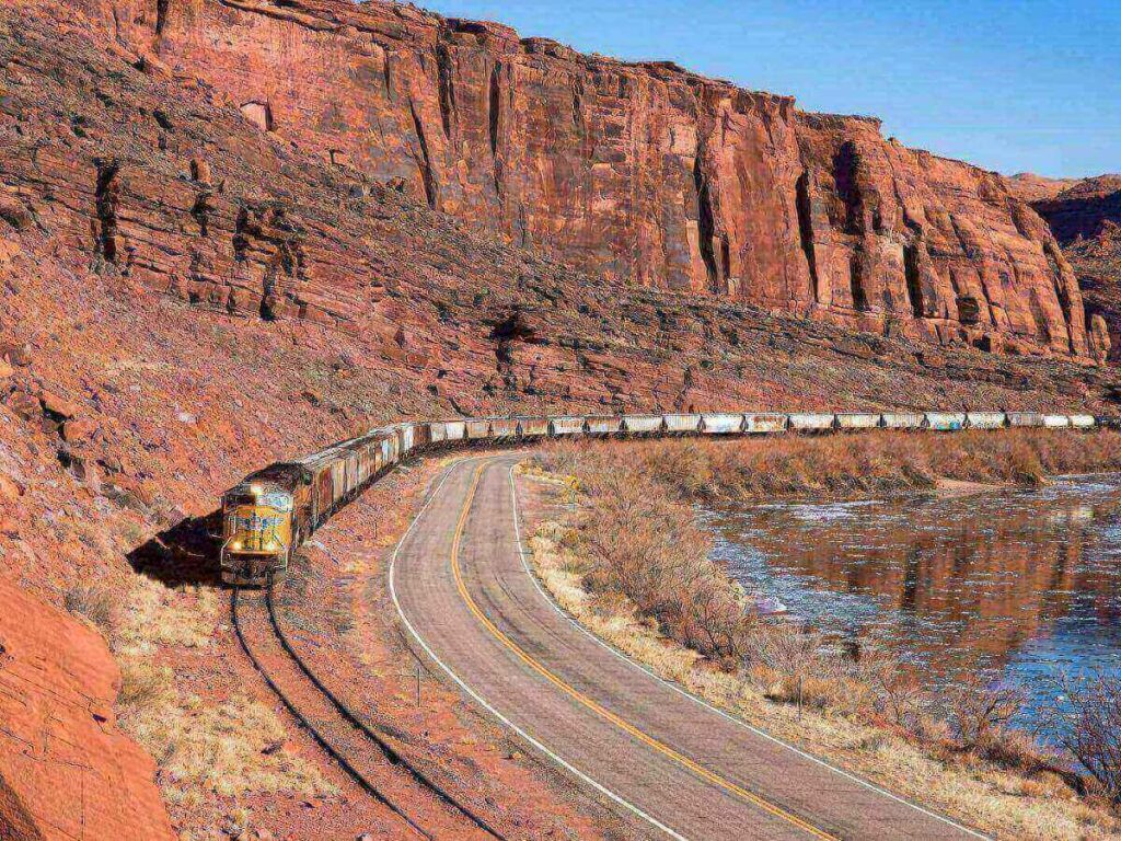 Scenic road following the Colorado River near Moab, Utah.