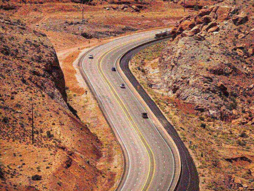 Road trip through southeastern Utah approaching Moab’s desert landscape