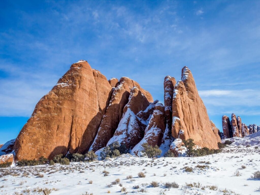 Red rock landscape near Moab in spring with mild weather and clear skies