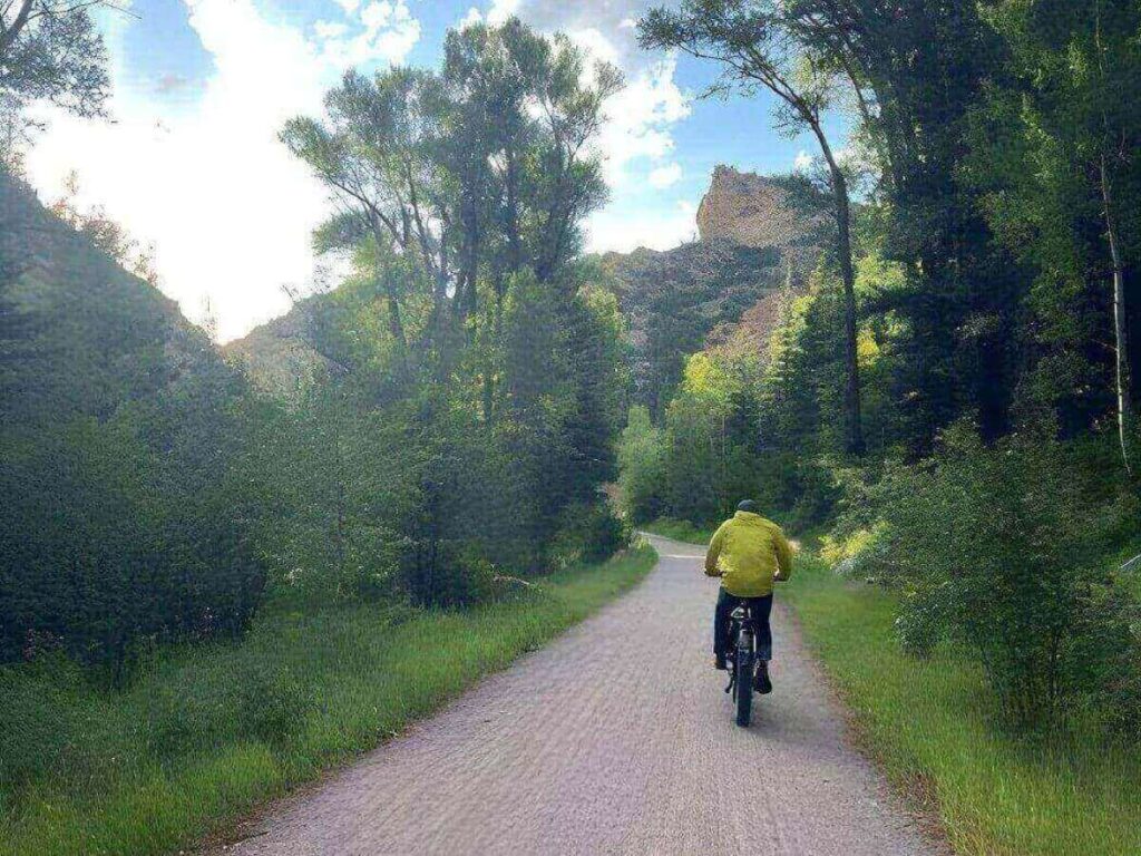 Flat riverside section of the Rio Grande Trail with trees and the Roaring Fork River beside the path