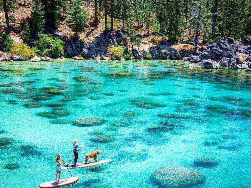 Sand Harbor beach with clear water and rocky shoreline in Lake Tahoe
