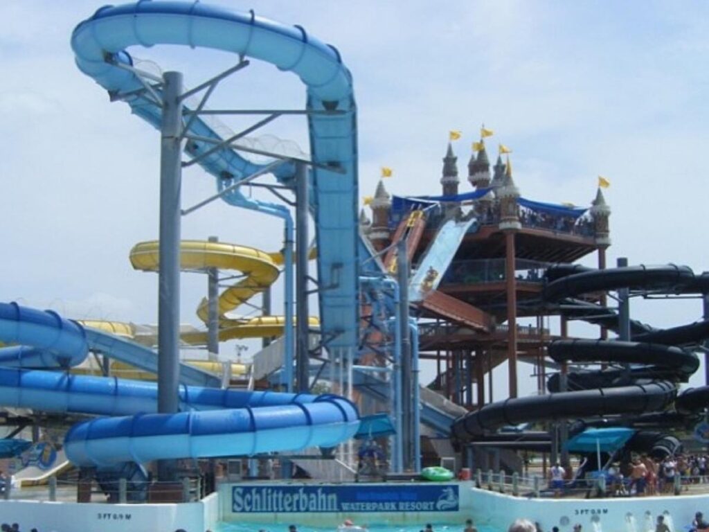 Water slides and splash areas at Schlitterbahn Galveston, popular for families in summer.