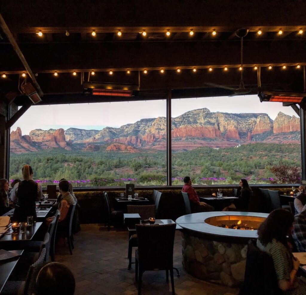 Southwestern dishes including a prickly pear margarita, Navajo taco, and fresh guacamole in Sedona