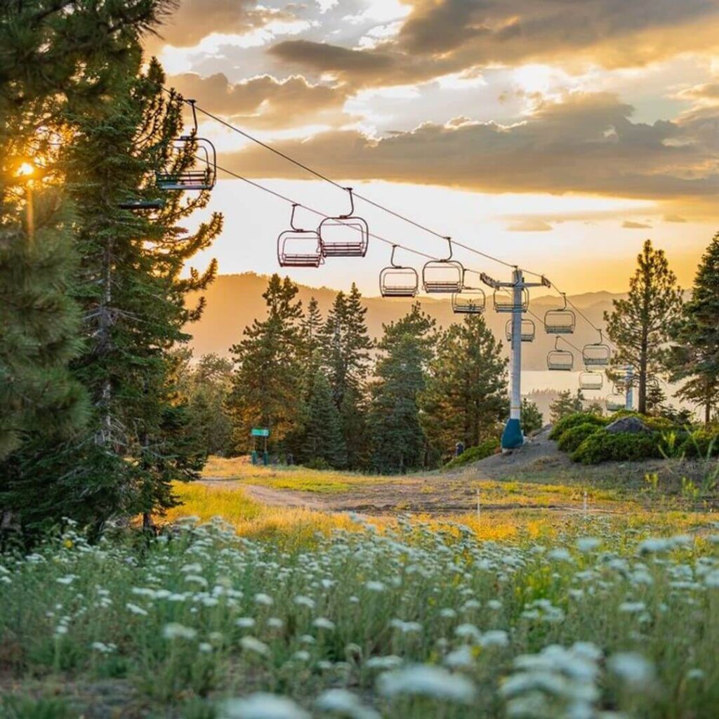 Snow Summit Sky Chair with pine trees and lake in the distance