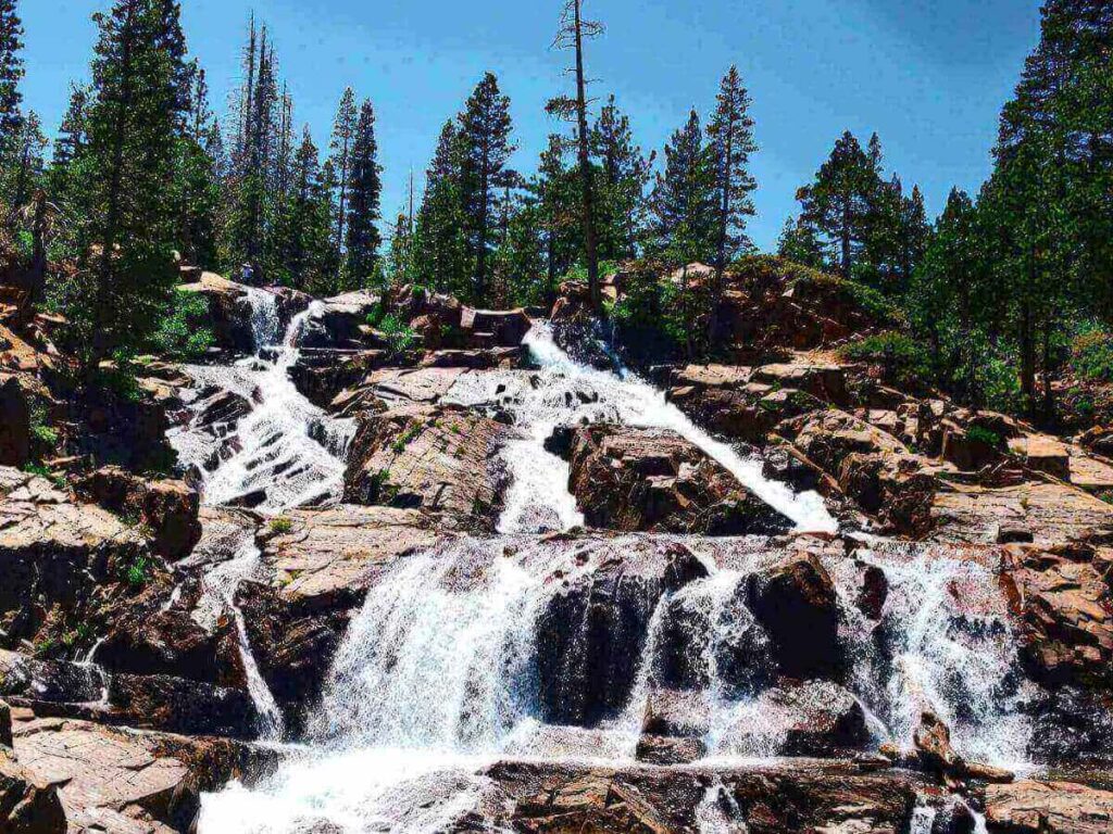 Waterfall flowing strongly in spring near Lake Tahoe