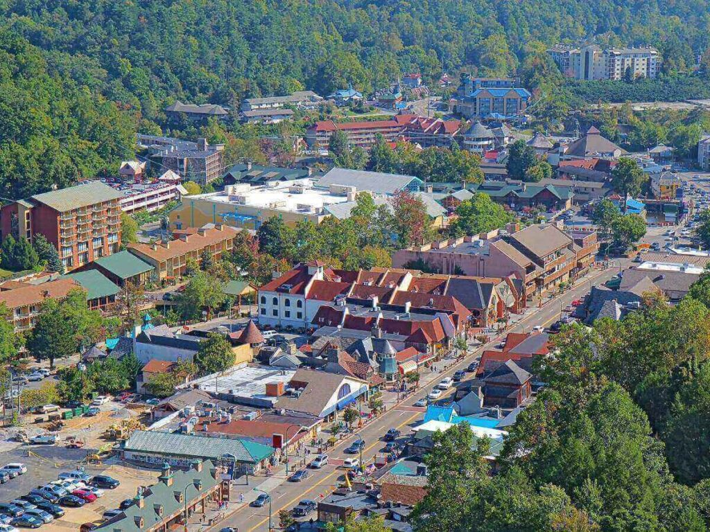 Cobblestone walkway and shops at The Village in Gatlinburg.
