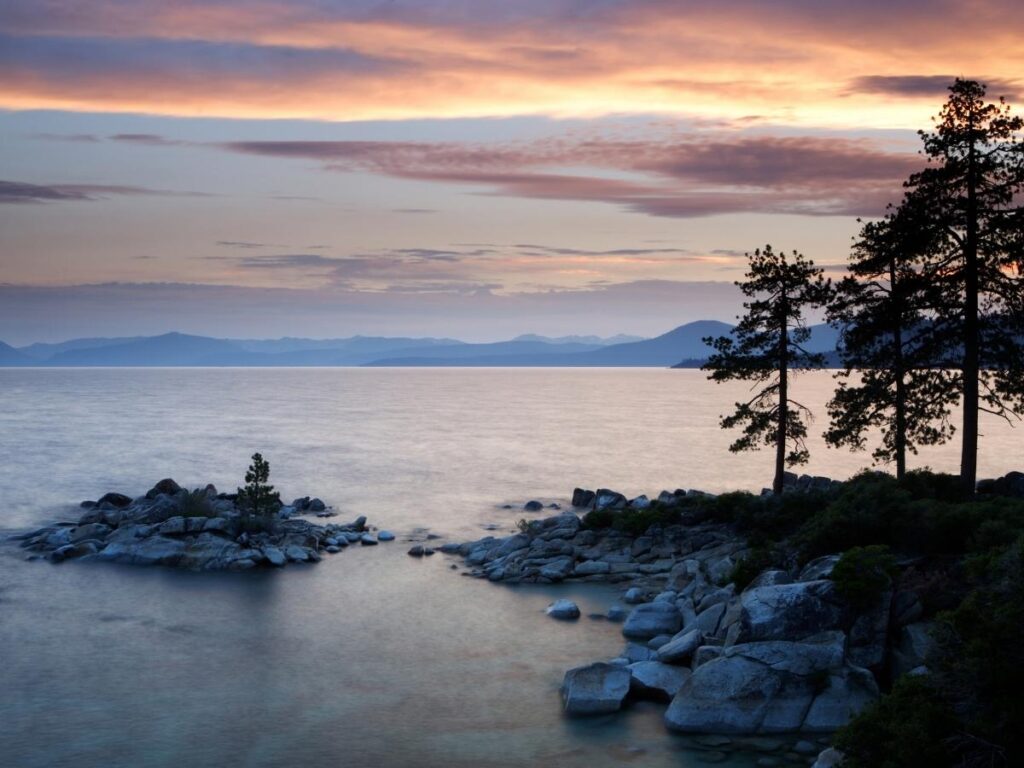 Scenic drive along the west shore of Lake Tahoe with lake views