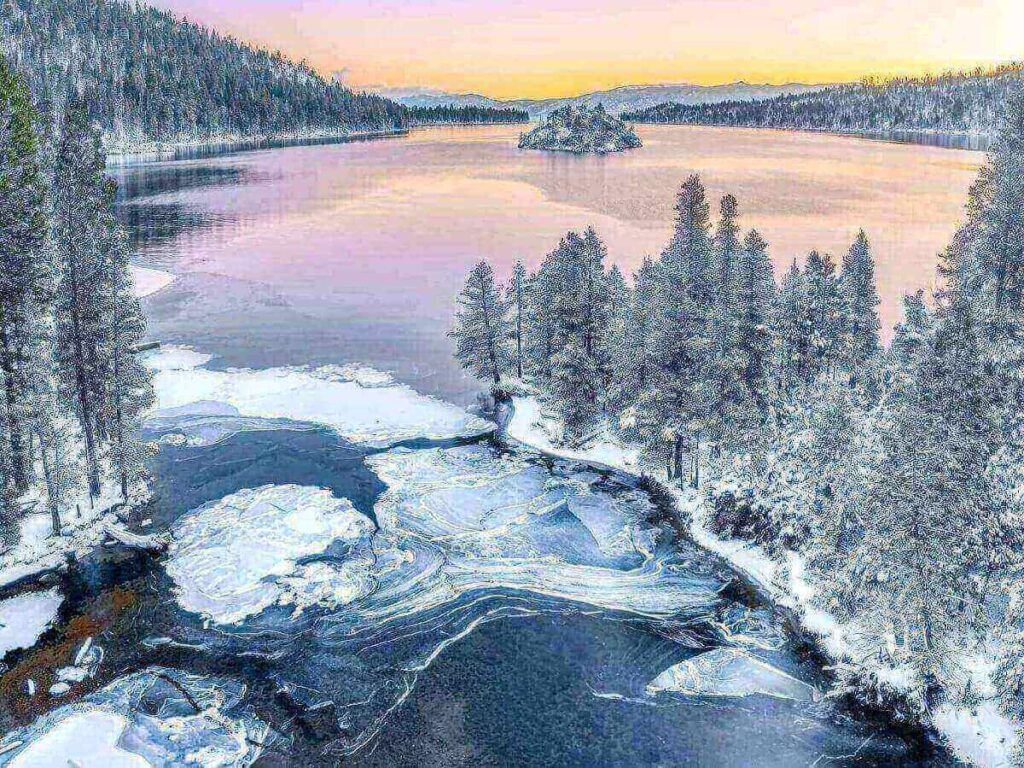Snow-covered trees along the shoreline of Lake Tahoe in winter
