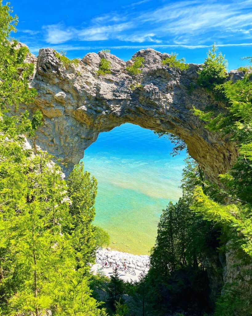 Arch Rock on Mackinac Island with blue water below