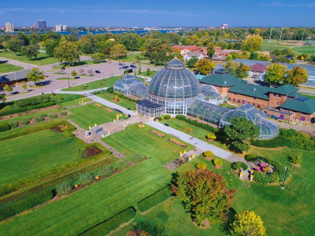 lass domes of the Anna Scripps Whitcomb Conservatory on Belle Isle in Detroit.