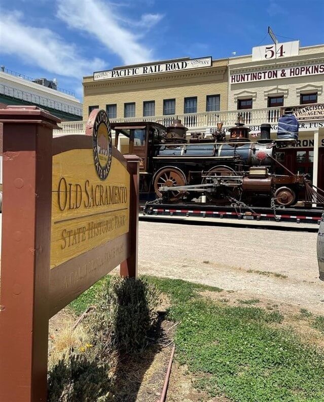 Historic locomotive on display inside the California State Railroad Museum in Sacramento