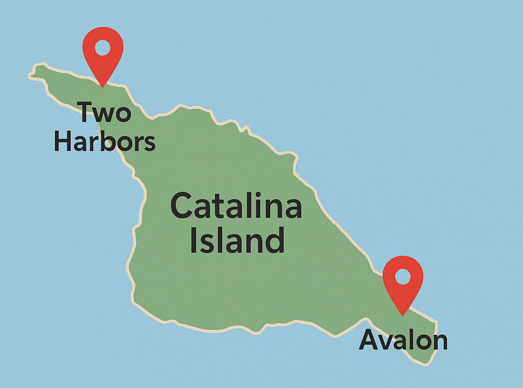 Simple map showing Avalon and Two Harbors on Catalina Island for visitor comparison