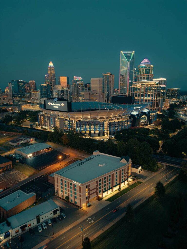 Charlotte North Carolina skyline at sunset with city lights in Uptown