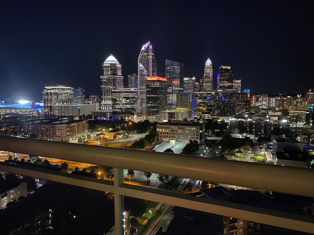 Charlotte skyline view from a rooftop bar in Uptown North Carolina