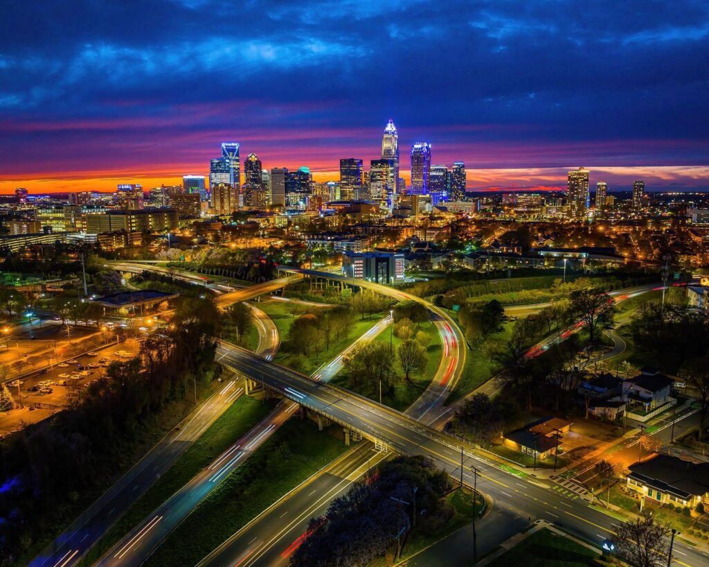 Night view of Charlotte skyline in Uptown North Carolina