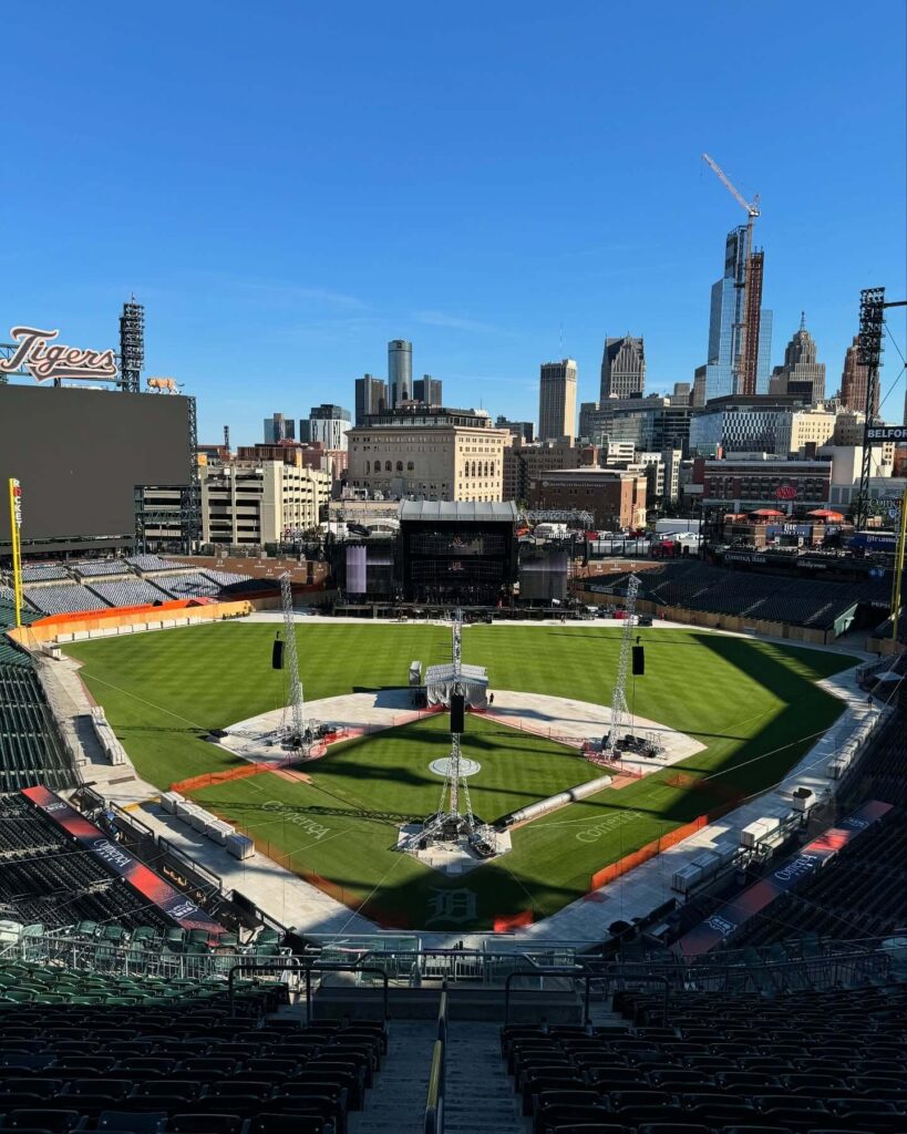 View of Comerica Park with Detroit skyline in the background.